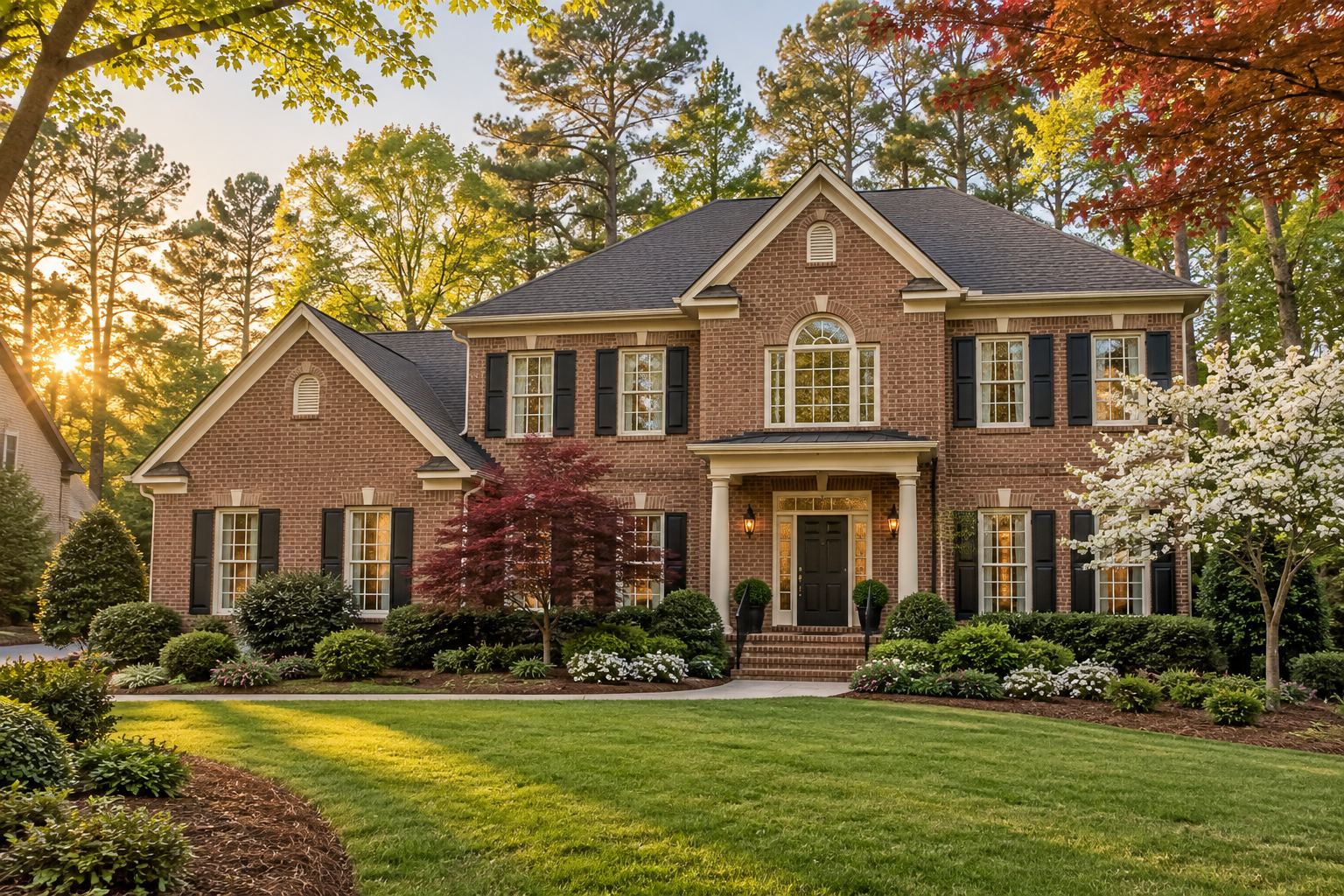 A brick colonial home with landscaped front yard in metro Atlanta