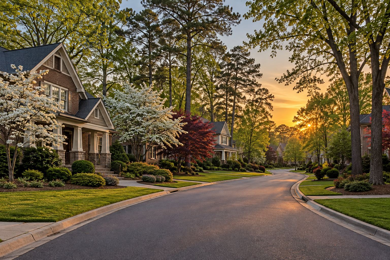 A residential street at sunset in metro Atlanta