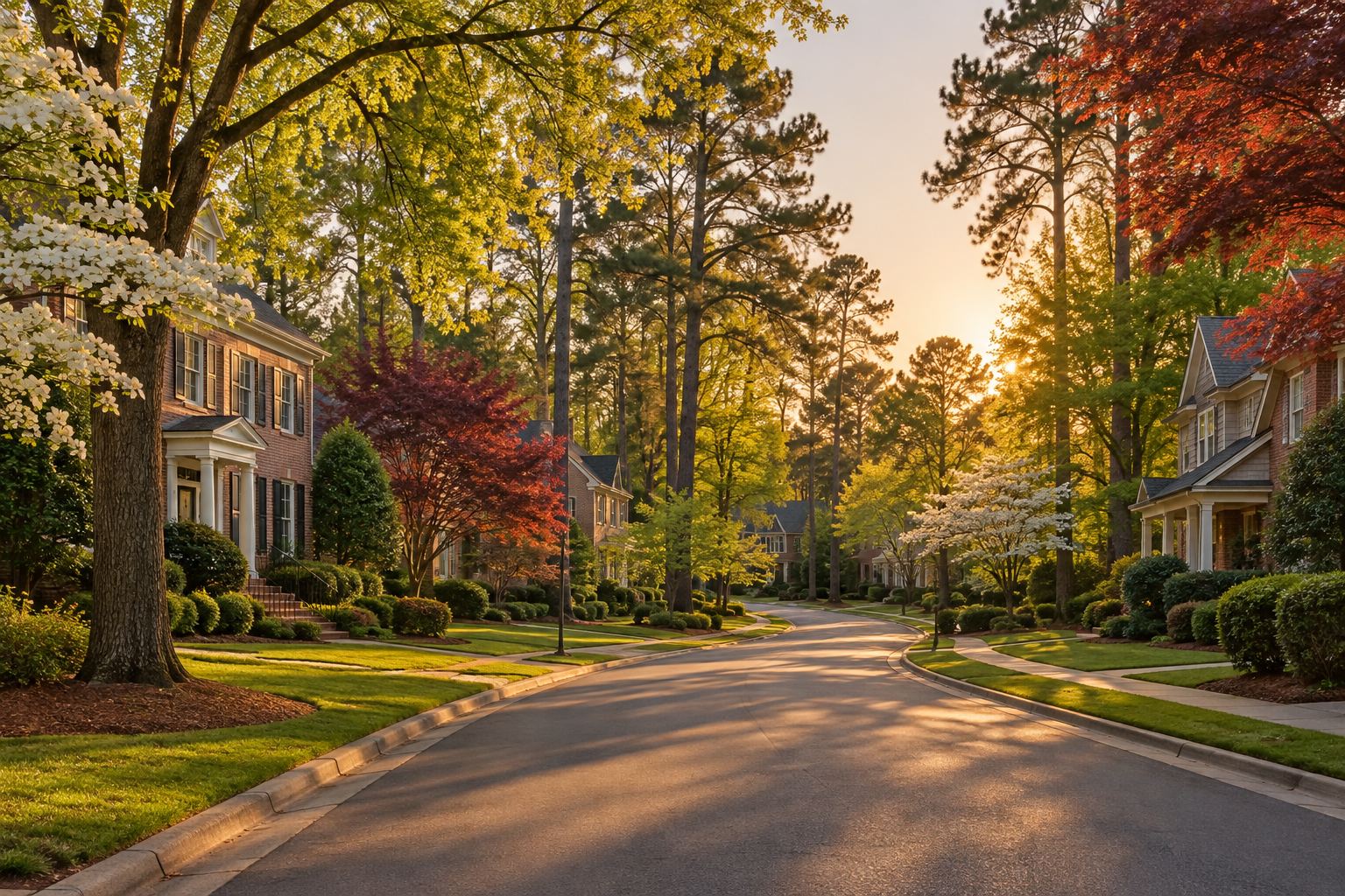 A tree lined street at golden hour in metro Atlanta